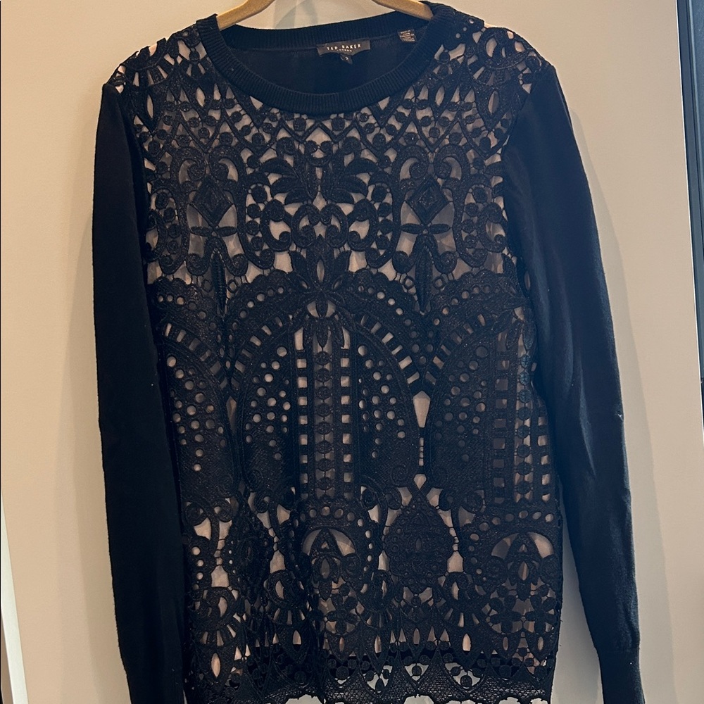 Ted Baker Black Lace Front Long Sleeve Top